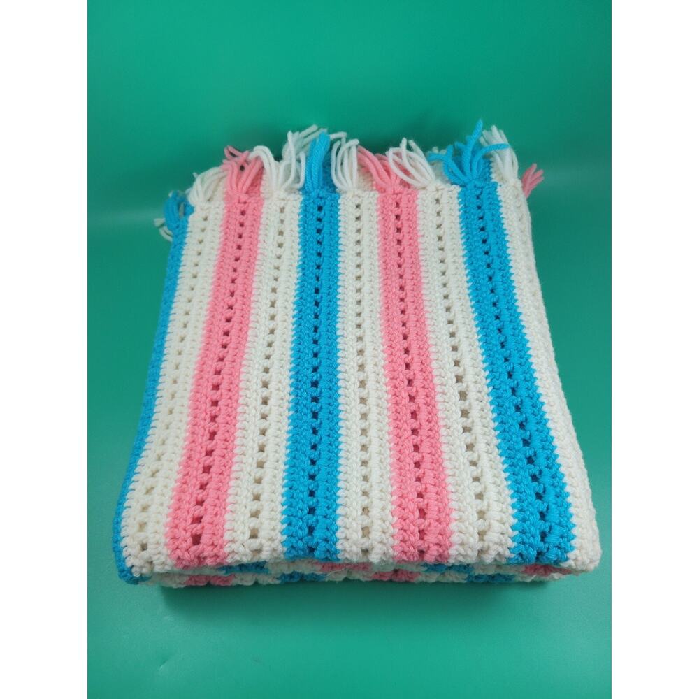 Hand Knitted Lap Blanket Pastel Pink White & Blue Approx: 50" X 35" Fringe